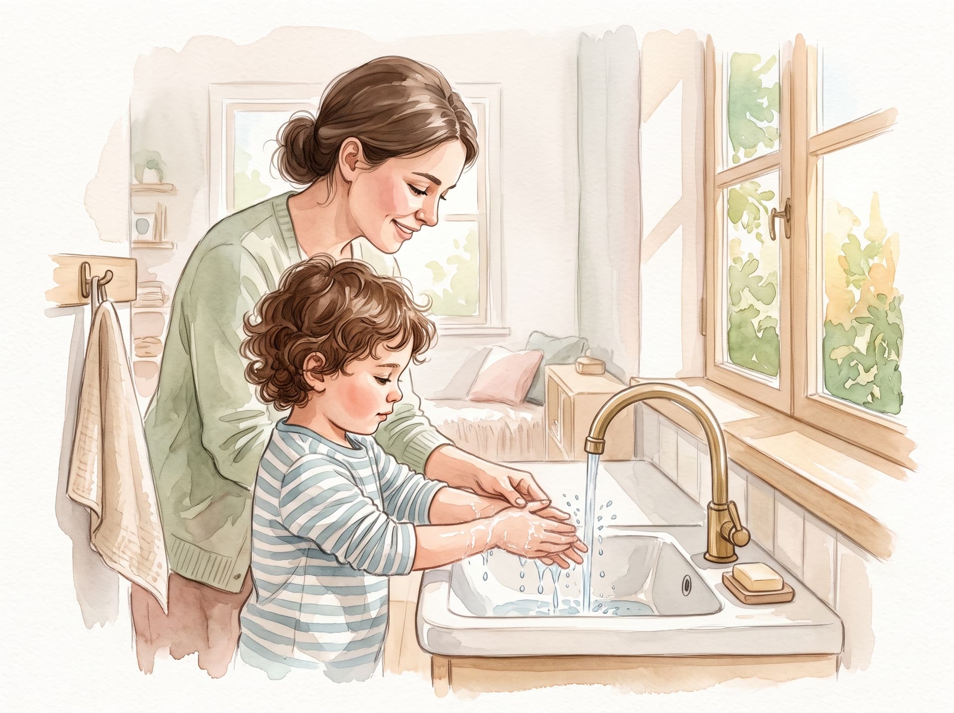 Watercolour illustration showing rhythm and movement as part of early childhood regulation support