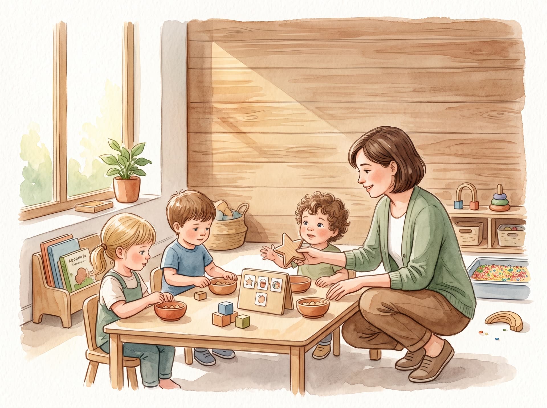 Watercolour early childhood illustration showing an educator supporting a child through a transition
