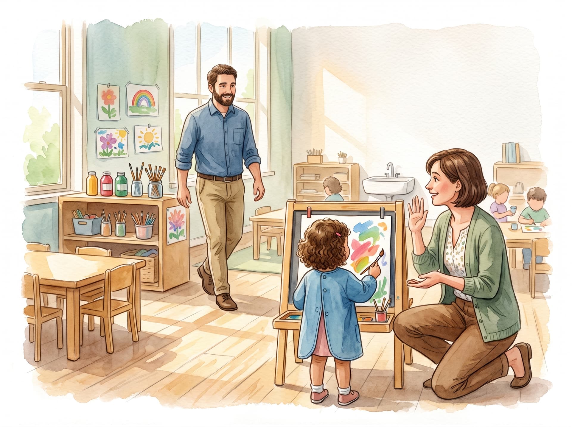 Watercolour illustration showing connection between an educator and child