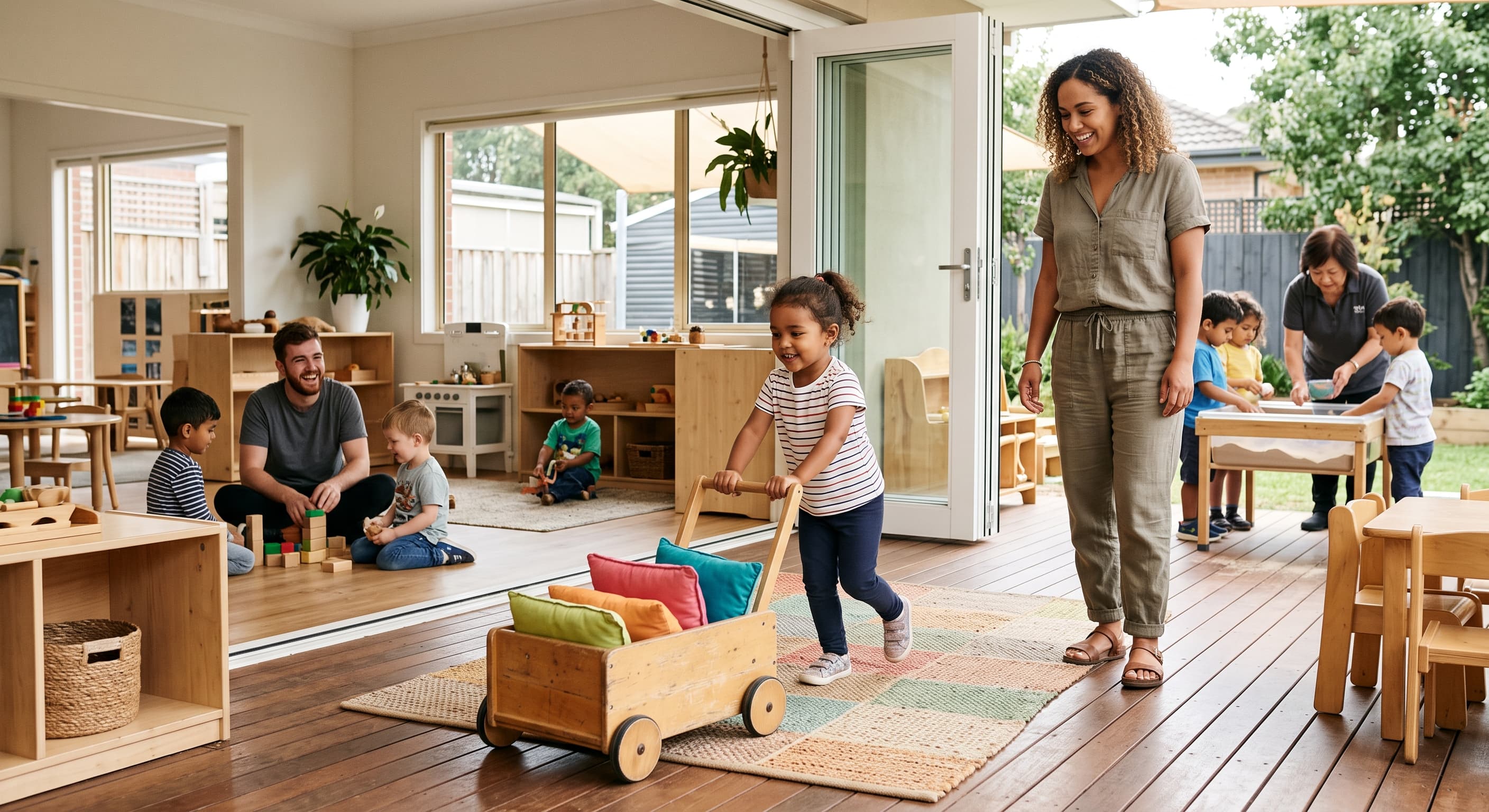 Young child moving purposefully through an early childhood environment while an educator observes supportively and other educators supervise nearby