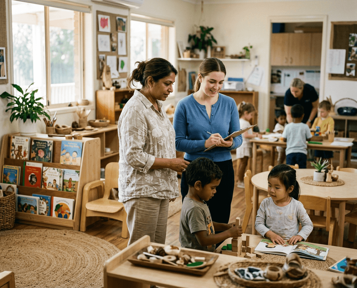 Educational leader coaching an early childhood educator while observing children in a real classroom
