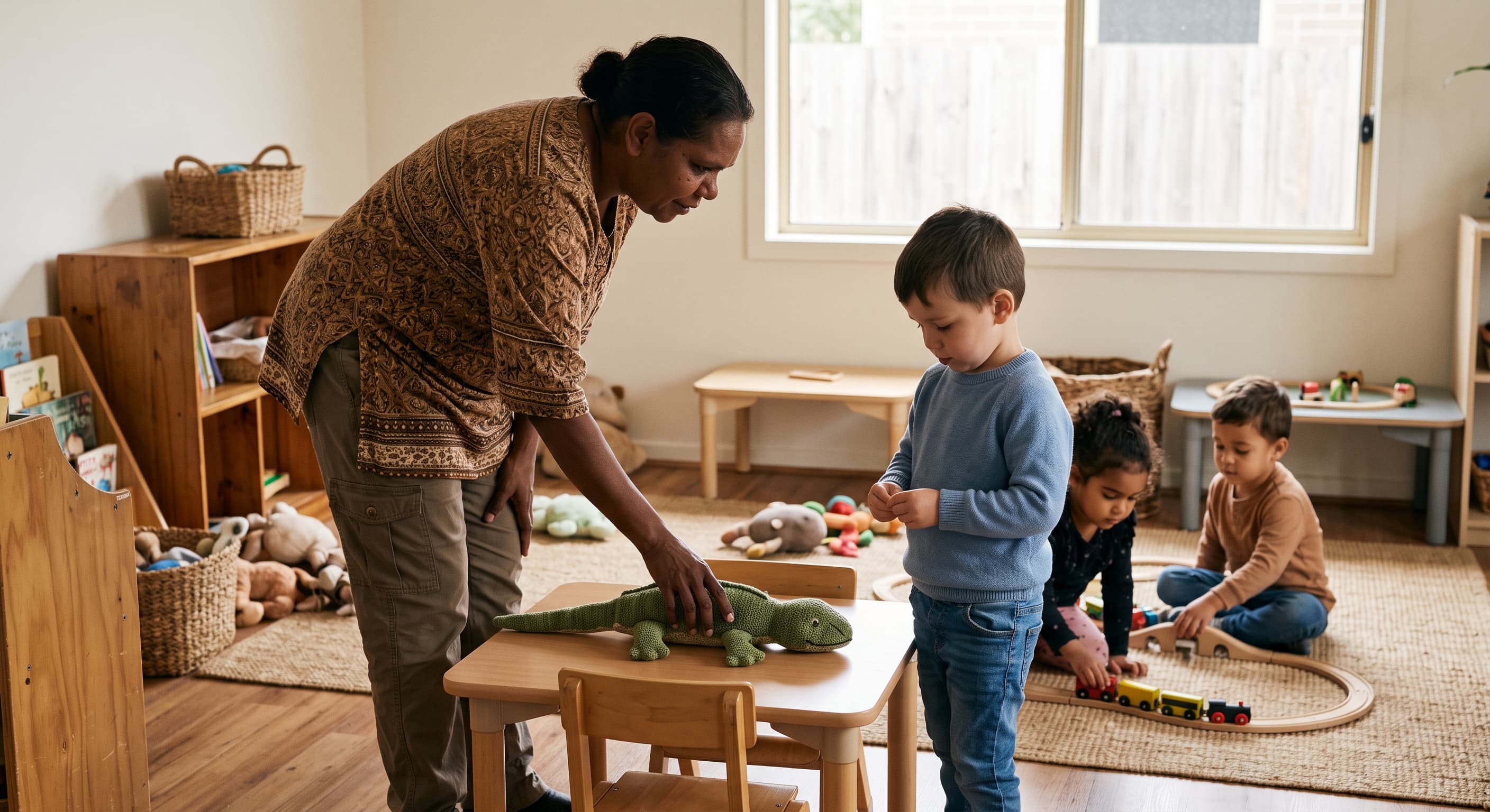 Early childhood educator adjusting the environment to better support a child while other children continue playing nearby