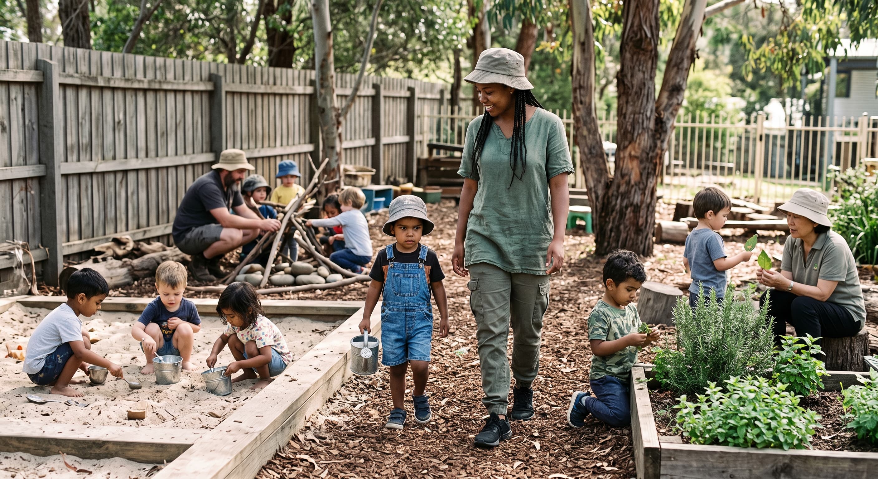 Educator walking alongside a child completing a purposeful carrying activity during outdoor play while other educators supervise children nearby