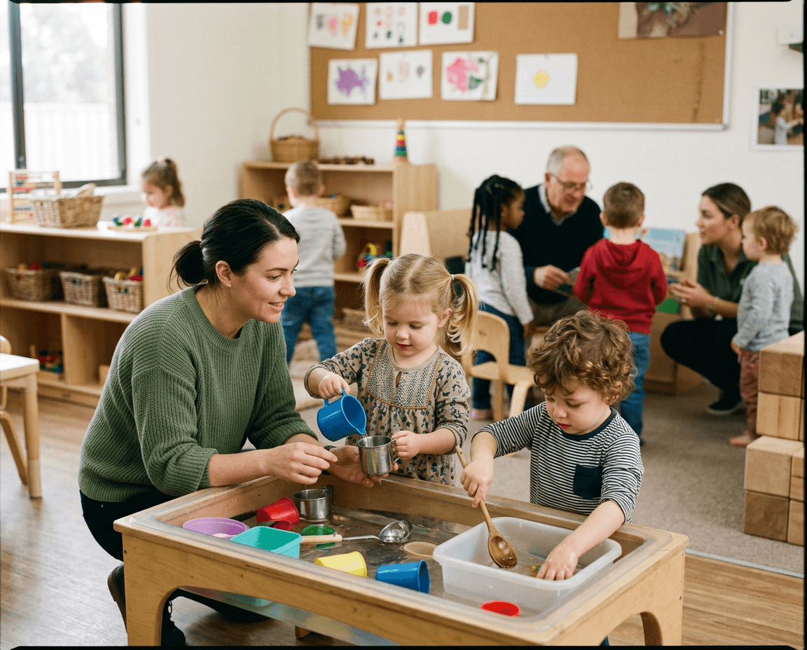 Early childhood educator connecting with children through calm water play while other educators continue supervising nearby