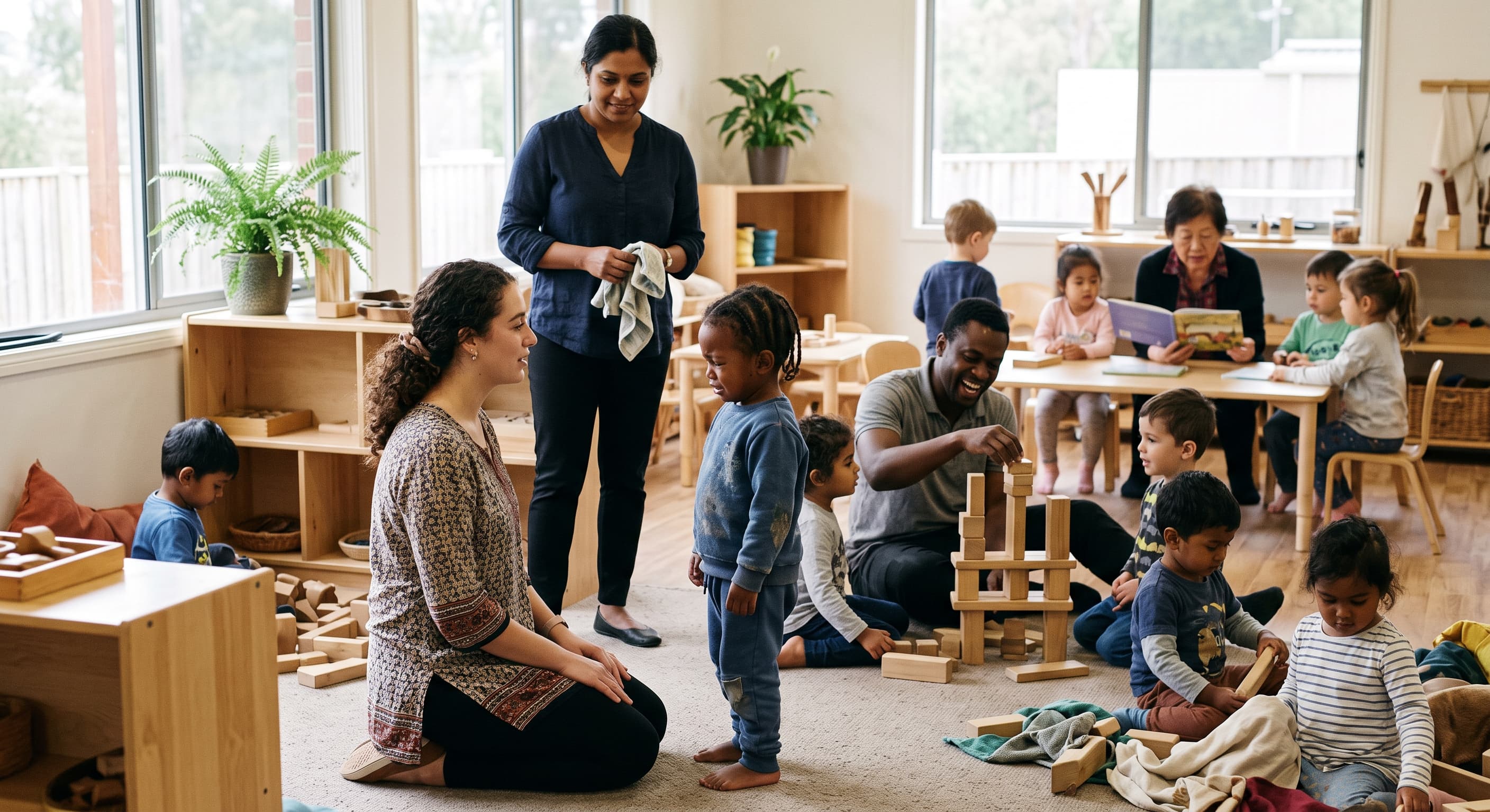 Early childhood educator supporting a child at their level during a co-regulation moment while other educators continue supporting children nearby