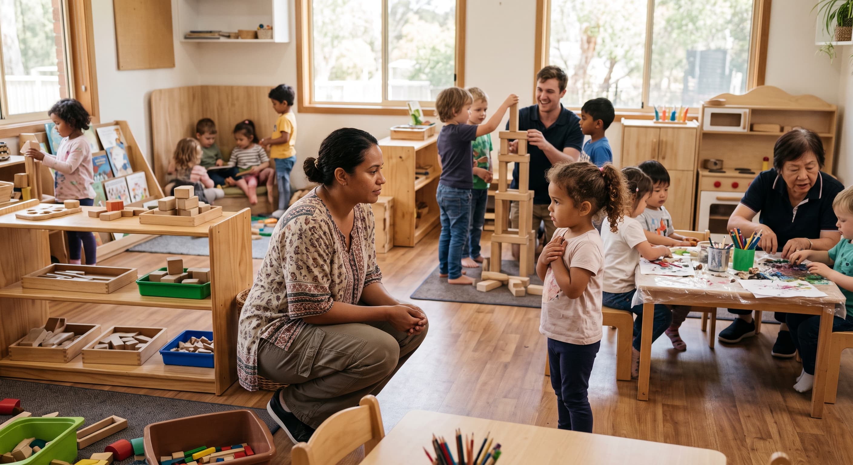 Educator thoughtfully noticing a child's body cues in an early childhood room while other educators continue supporting children nearby