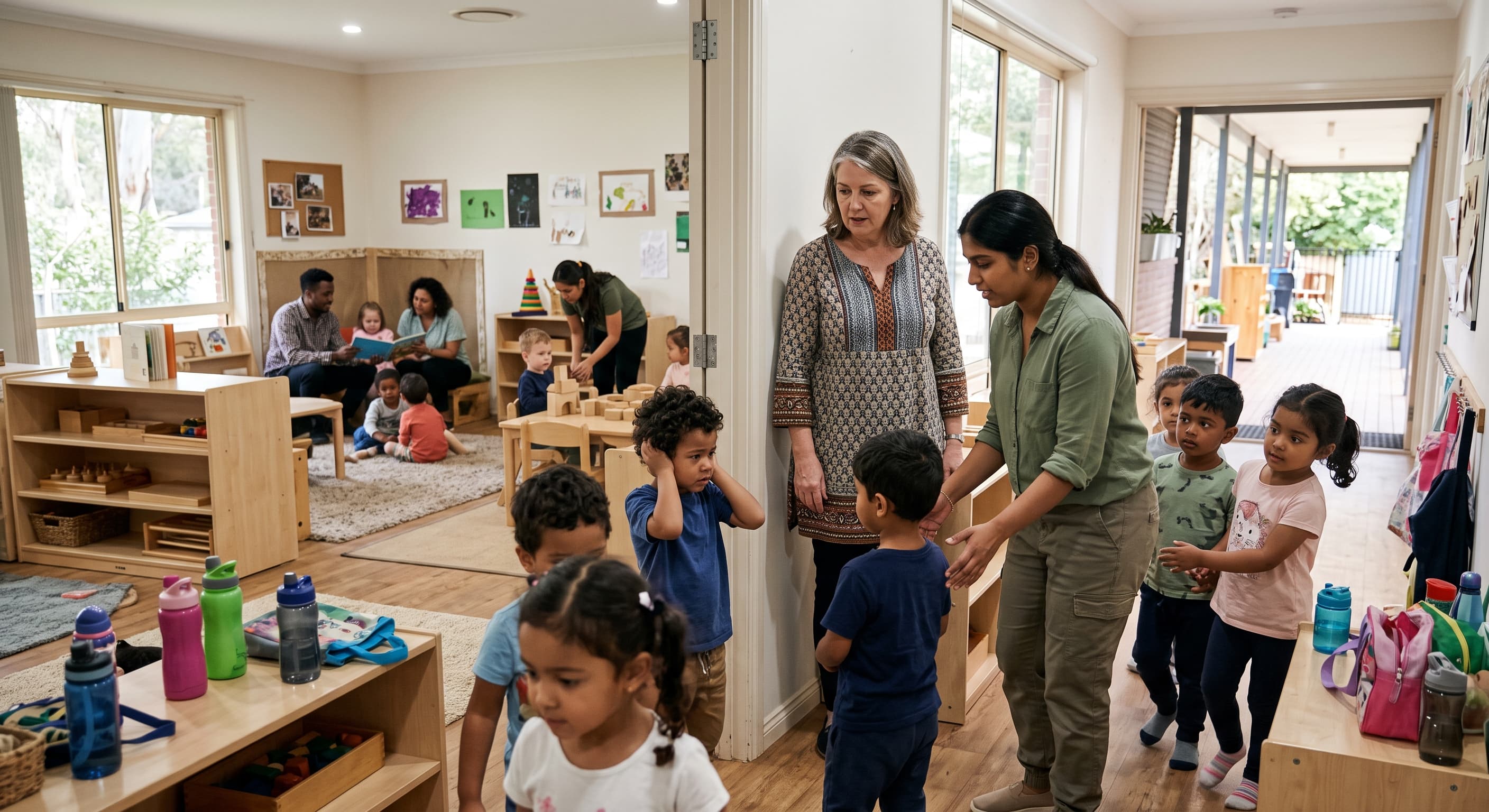 Educators noticing that a crowded transition is contributing to a child's emotional overload in an early childhood service