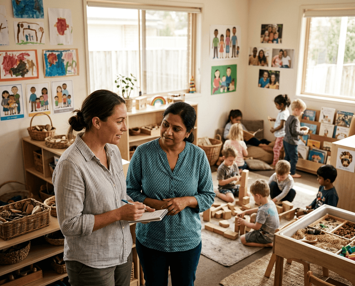 Two early childhood educators reflecting together during indoor play while other educators remain engaged with children