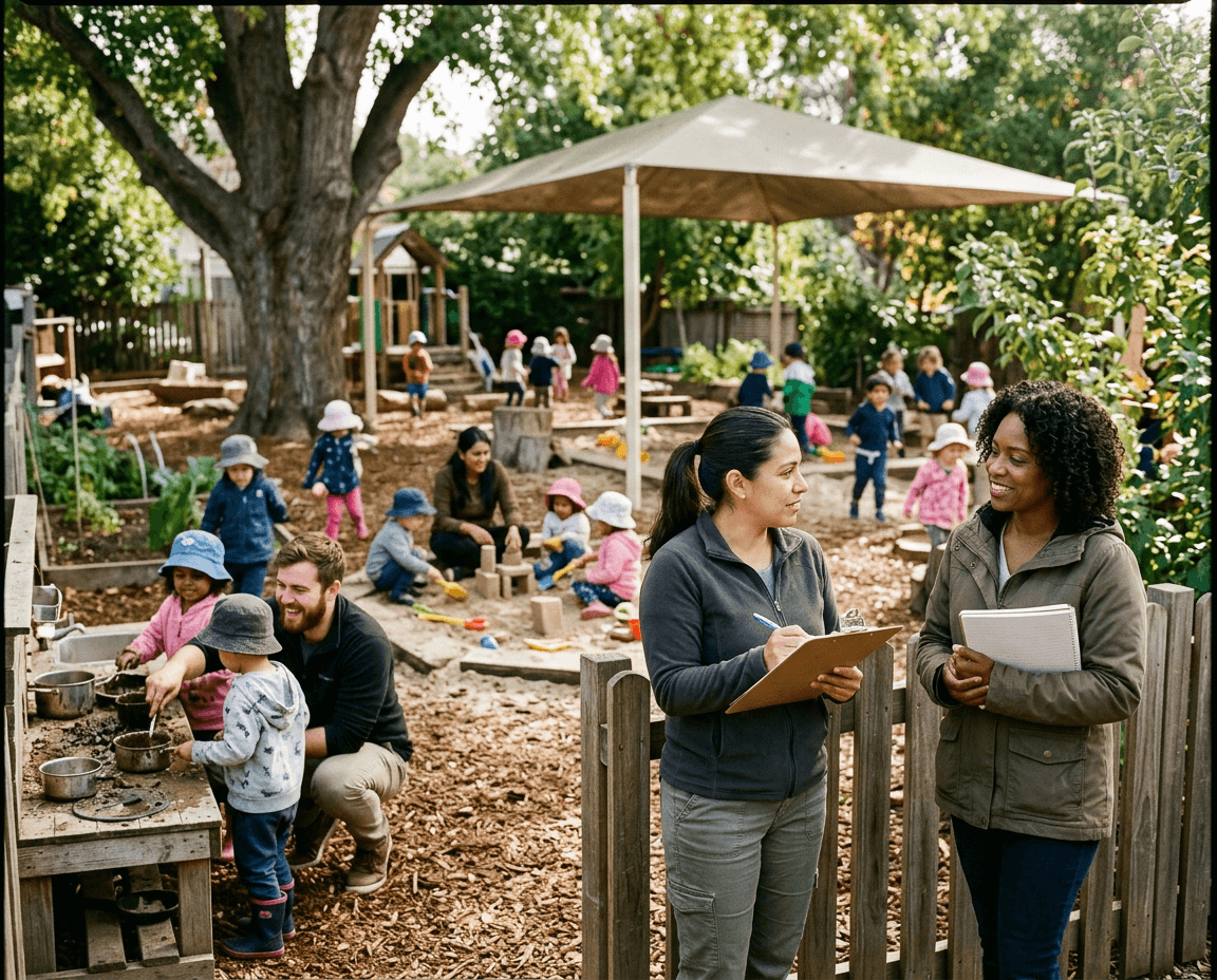 Two educators reflecting together during outdoor play while other educators continue actively engaging with children
