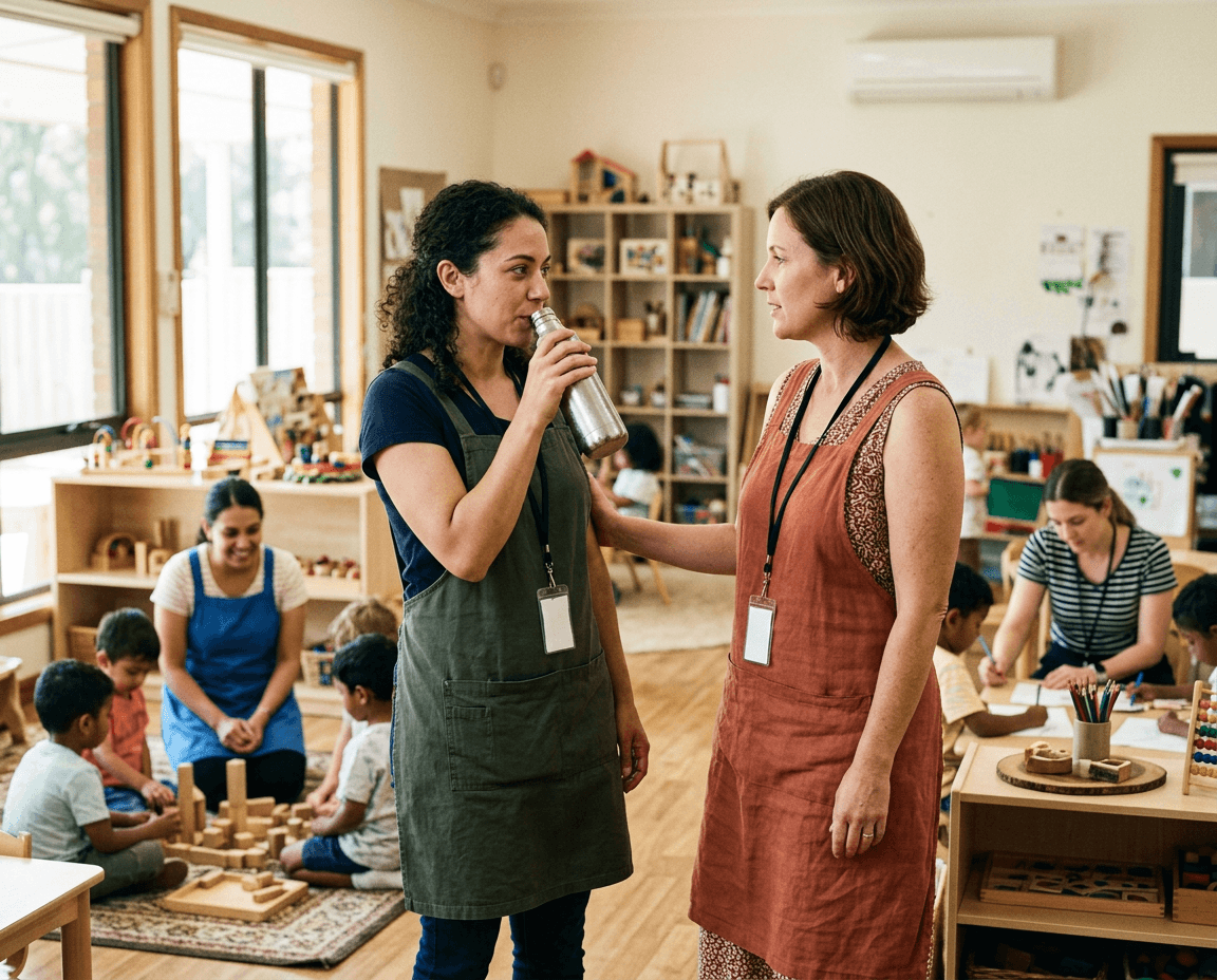 Two educators briefly supporting each other and resetting while other educators continue playing with and supervising children